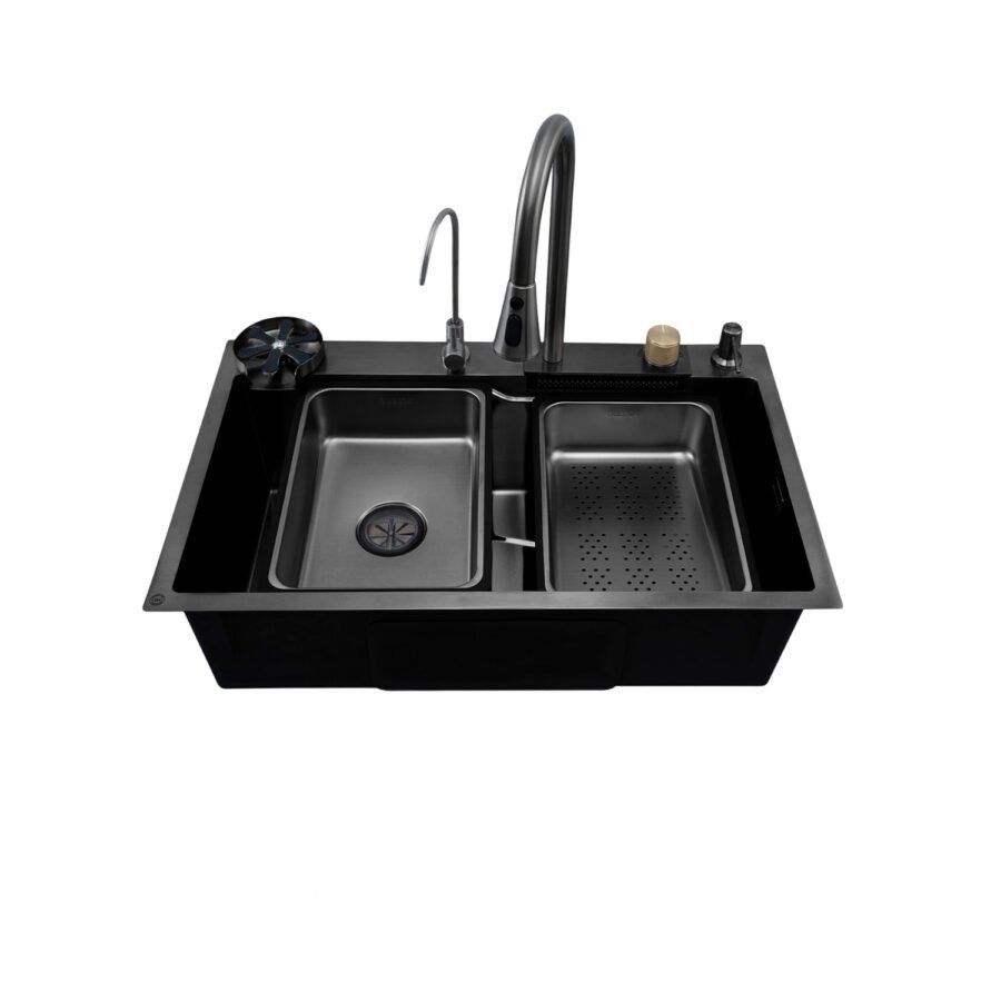 Magnus Nano Black 304 SS Smart Kitchen Sink with Integrated Waterfall, RO Tap & SwiftJet Cupwasher (30 x 18 x 9 Inches)