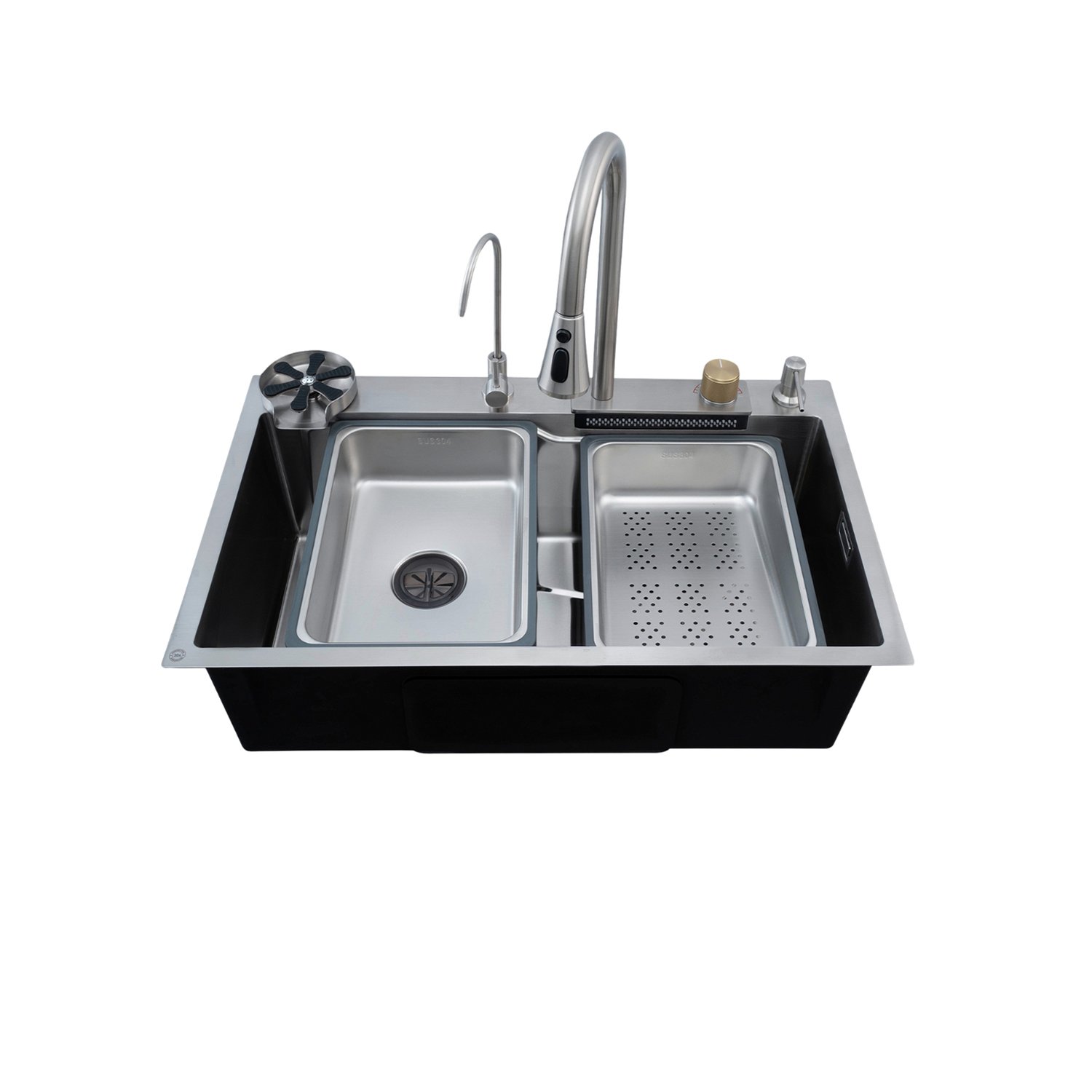 Magnus Nano Silver 304 SS Smart Kitchen Sink with Integrated Waterfall, RO Tap & SwiftJet Cupwasher (30 x 18 x 9 Inches)